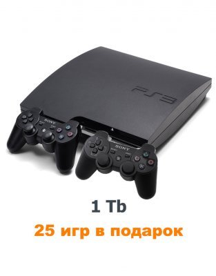 PS3 Slim Б.У 1 Tb + 25 игр + 2 Джойстика